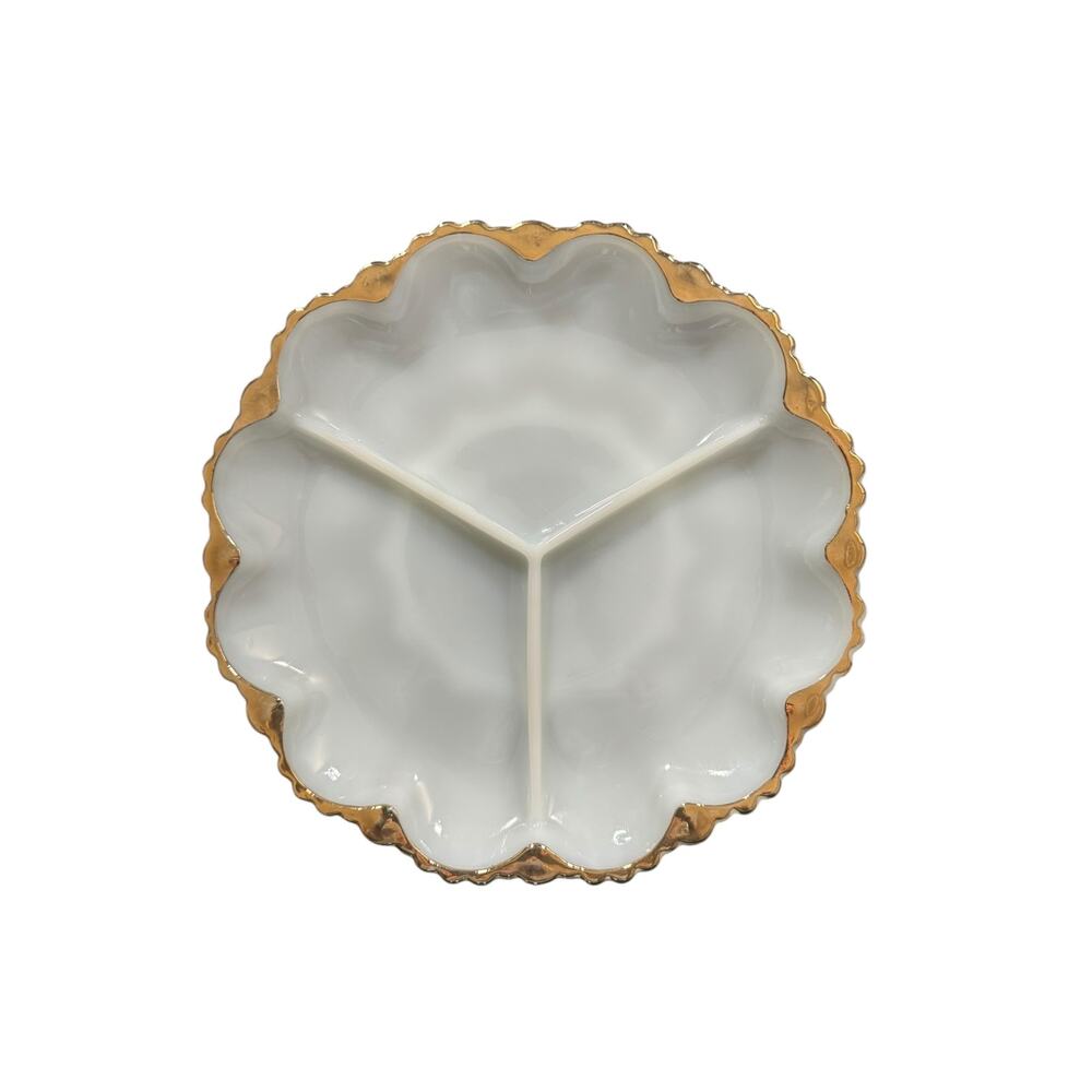 Vintage Milk Glass Divided Appetizer Serving Tray with Gold Accents